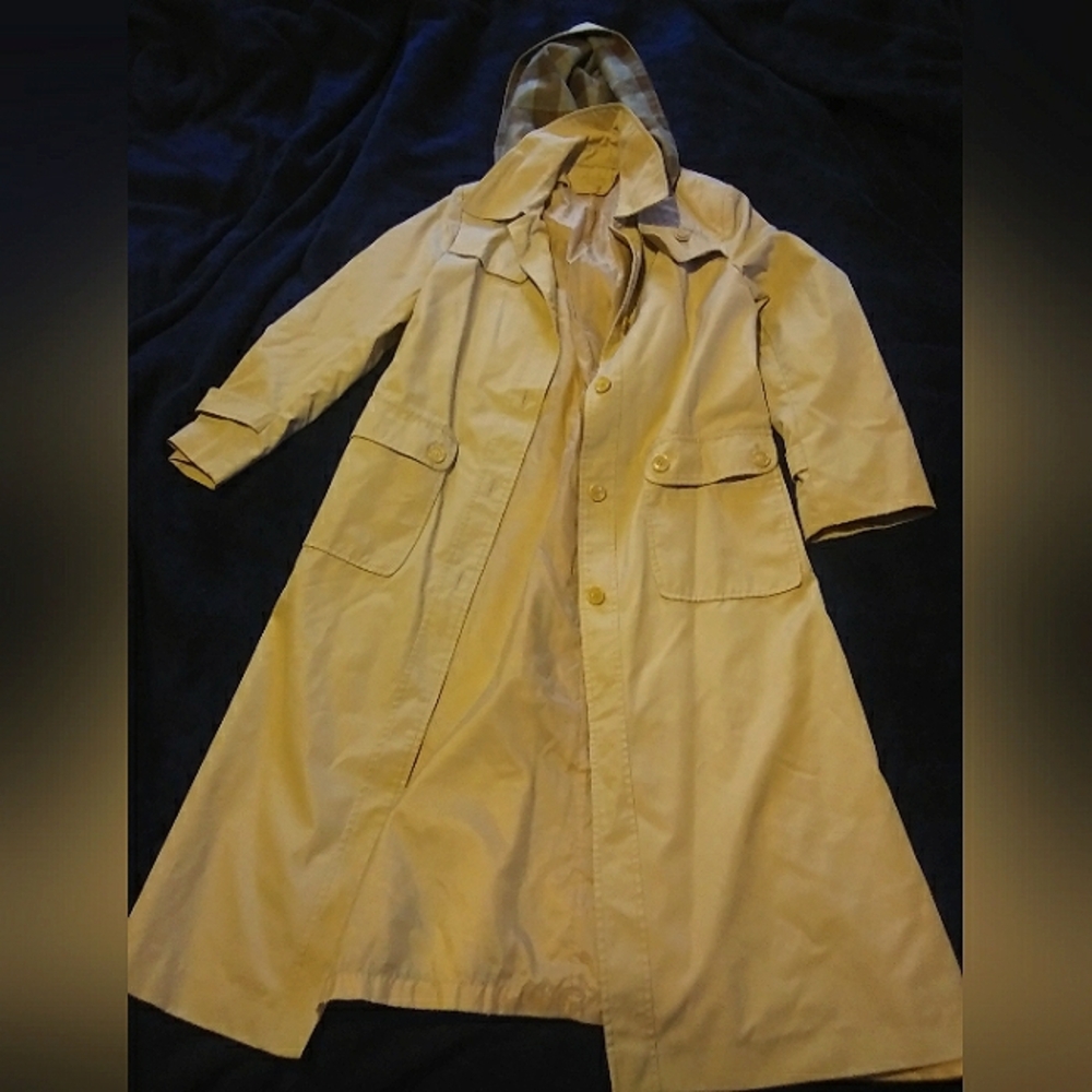 Vintage Style Beige Hooded Trench Coat Size 7/8 - Picture 8 of 10